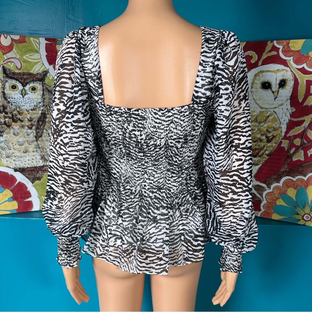 Nine West‎ Peplum Blouse Square Smocked Neck Lined White Black Women Size M - Picture 7 of 8
